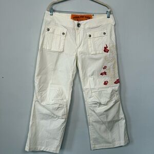 People for Peace White Cotton Pants with Floral Embroidery, Size 30